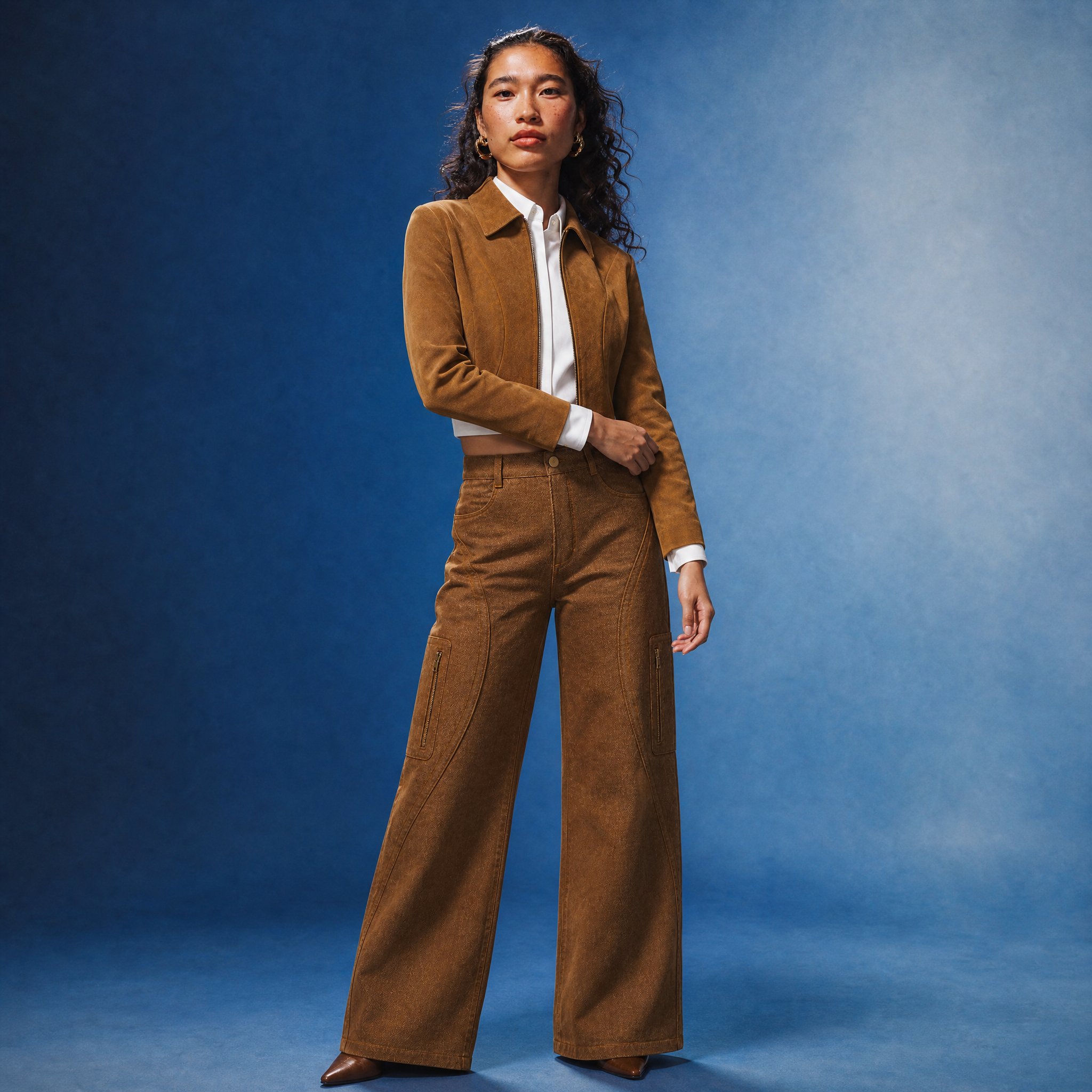 A woman with curly hair, wearing a brown suede jacket over a white shirt, patterned brown pants, and brown boots, standing against a blue background.