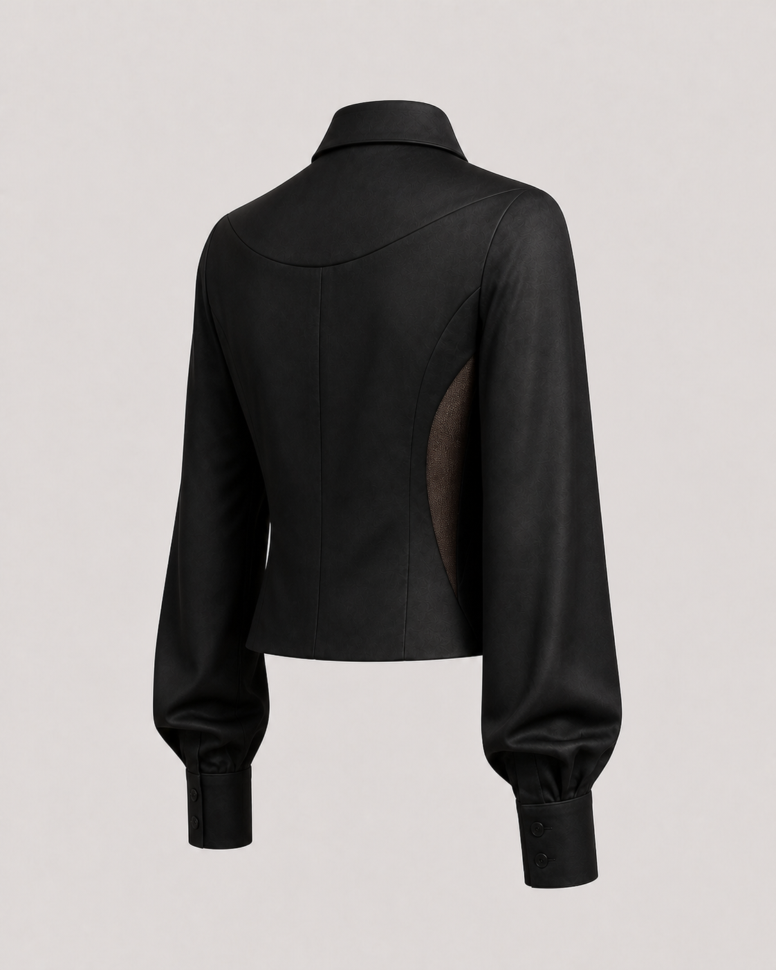ack view of the black Reliquary Blouse showing its tailored seams and cropped hem.