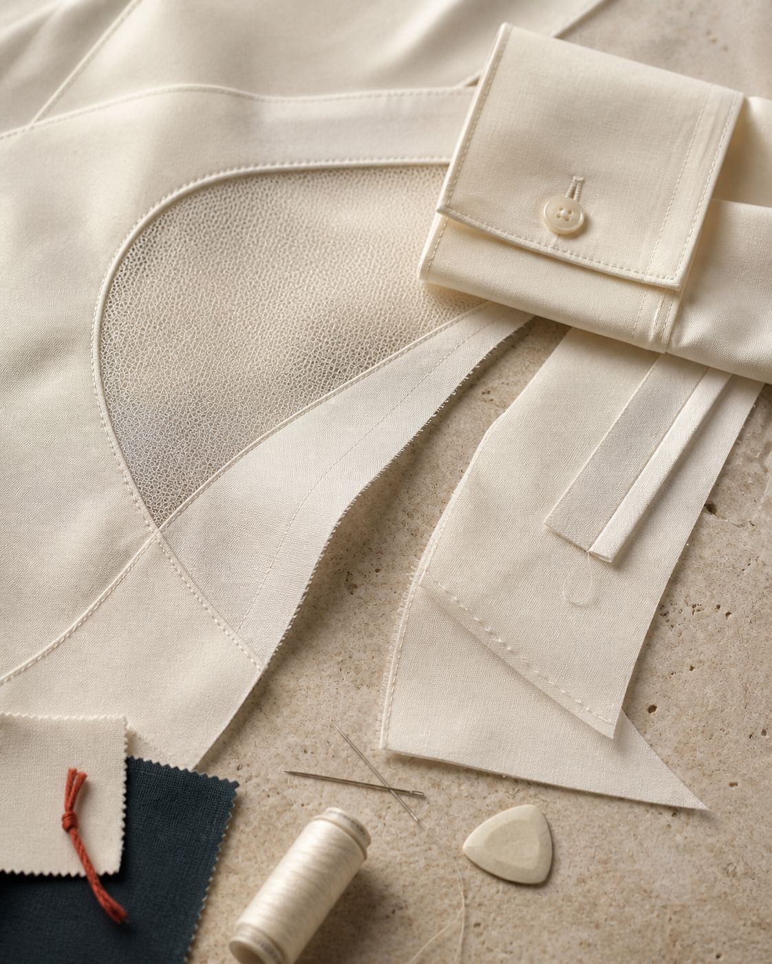 Curved garment pattern pieces developed from blue-lotus geometry.