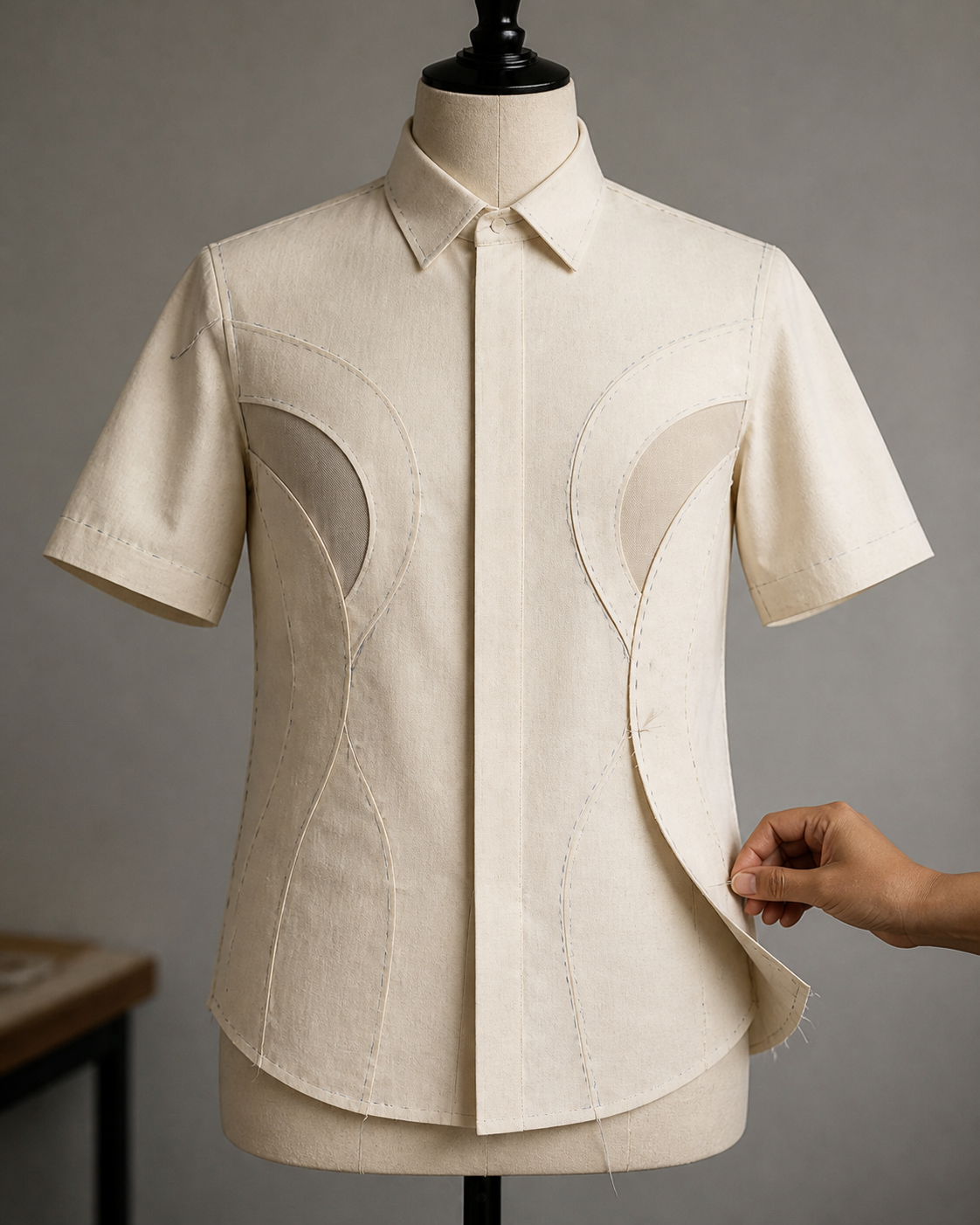 Origin Shirt toile fitted on a dress form during construction development.