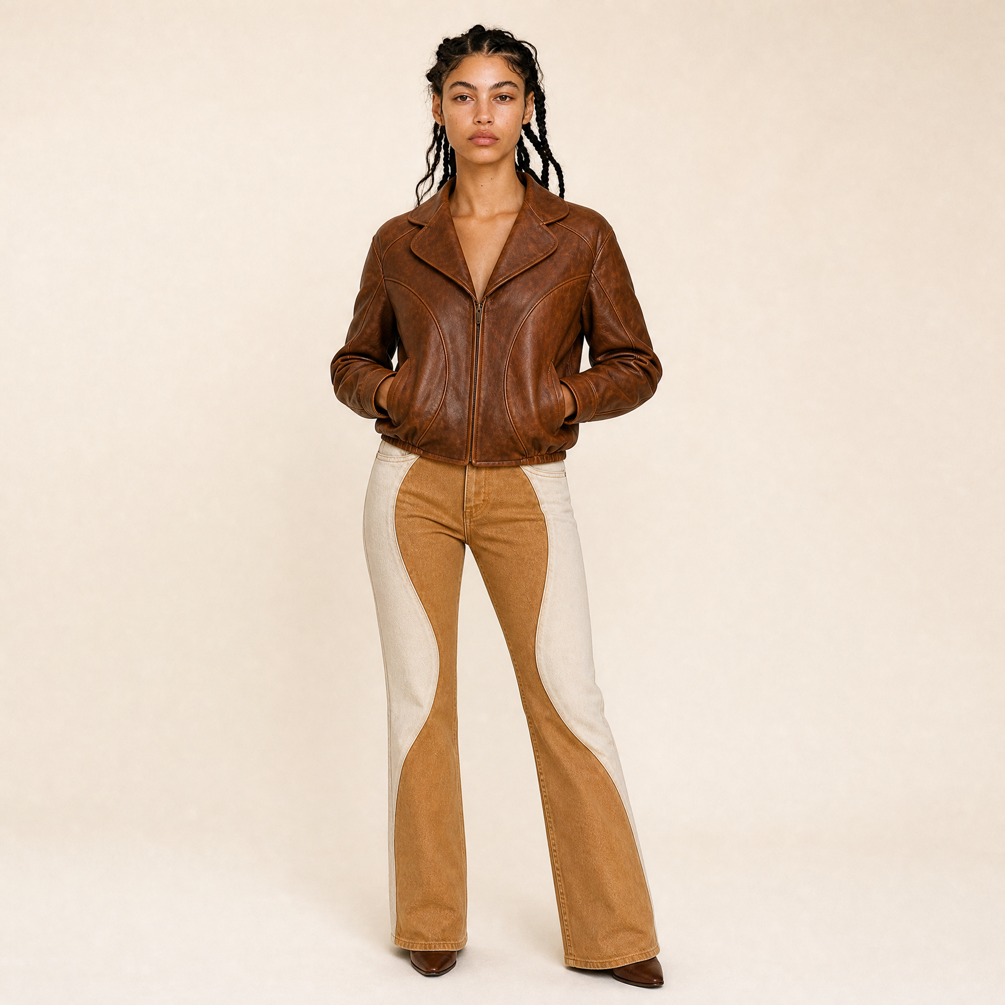 A woman with dark hair styled in braids, wearing a brown leather jacket, beige patched pants, and brown boots, standing against a plain beige background.