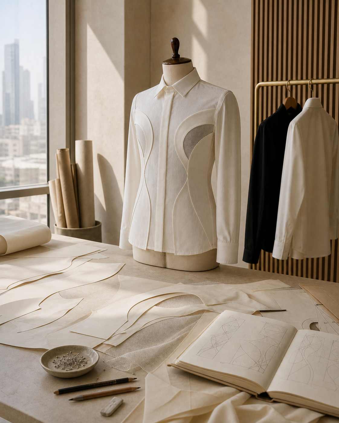 Athanatos design workspace in Dubai with patterns, sketches and garment-development materials.