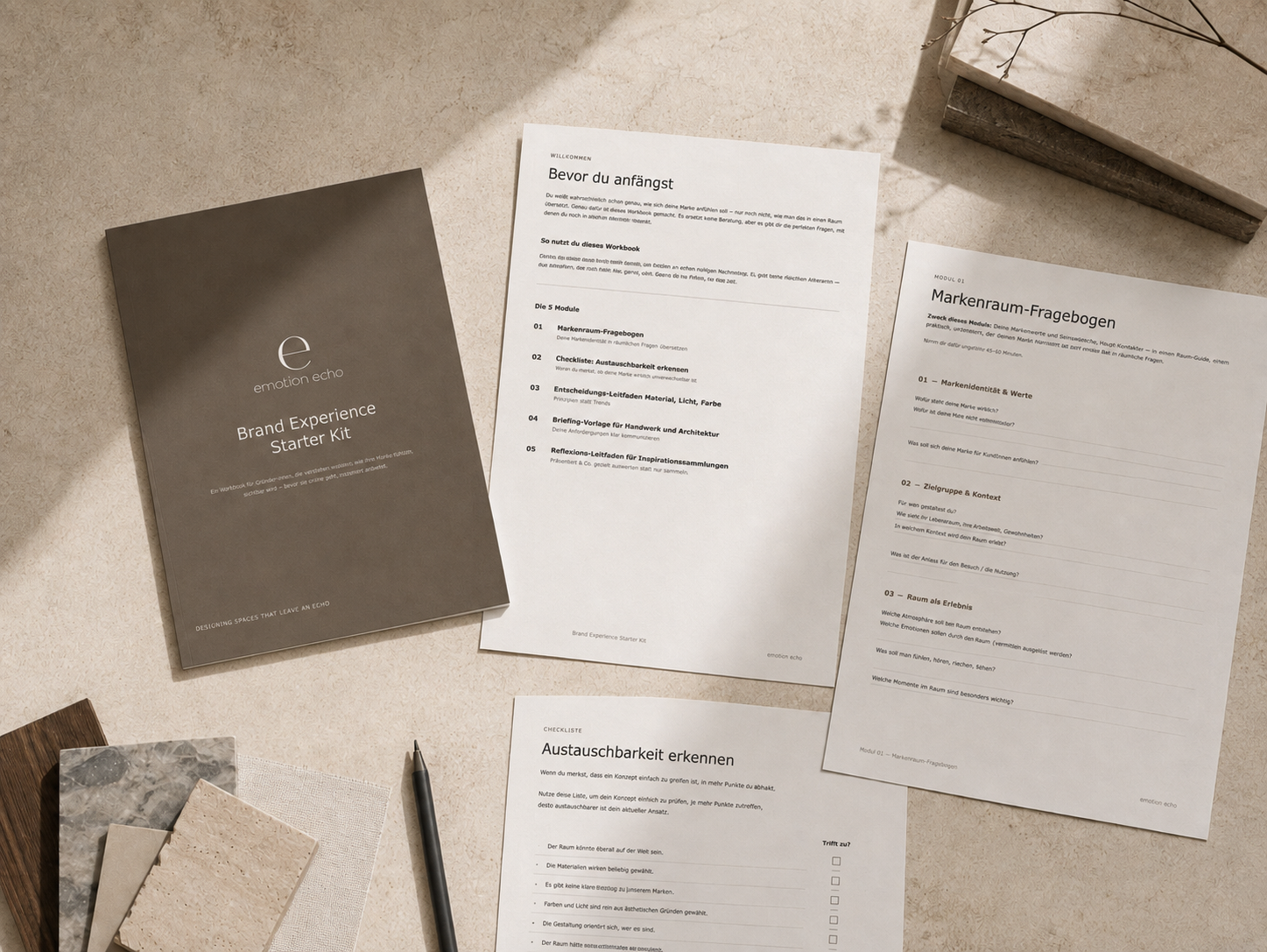 Brand Experience Starter Kit von emotion echo – Workbook-Cover mit Modul-Übersicht und Markenraum-Fragebogen