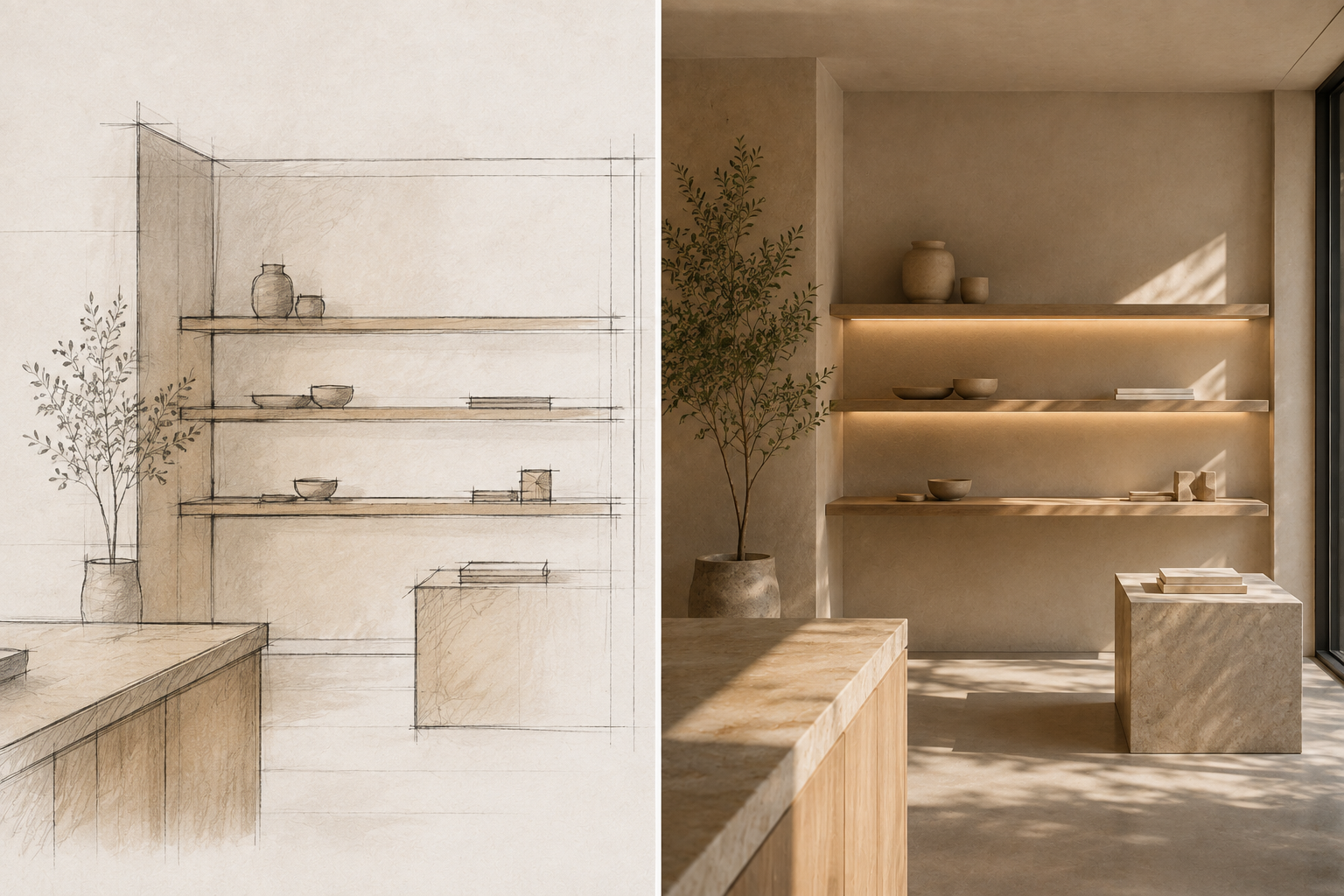 Vergleich eines handgezeichneten Entwurfs und eines realisierten minimalistischen Wohnrauminterieurs mit offenen Regalen, Pflanzen und Schaufensterlicht
