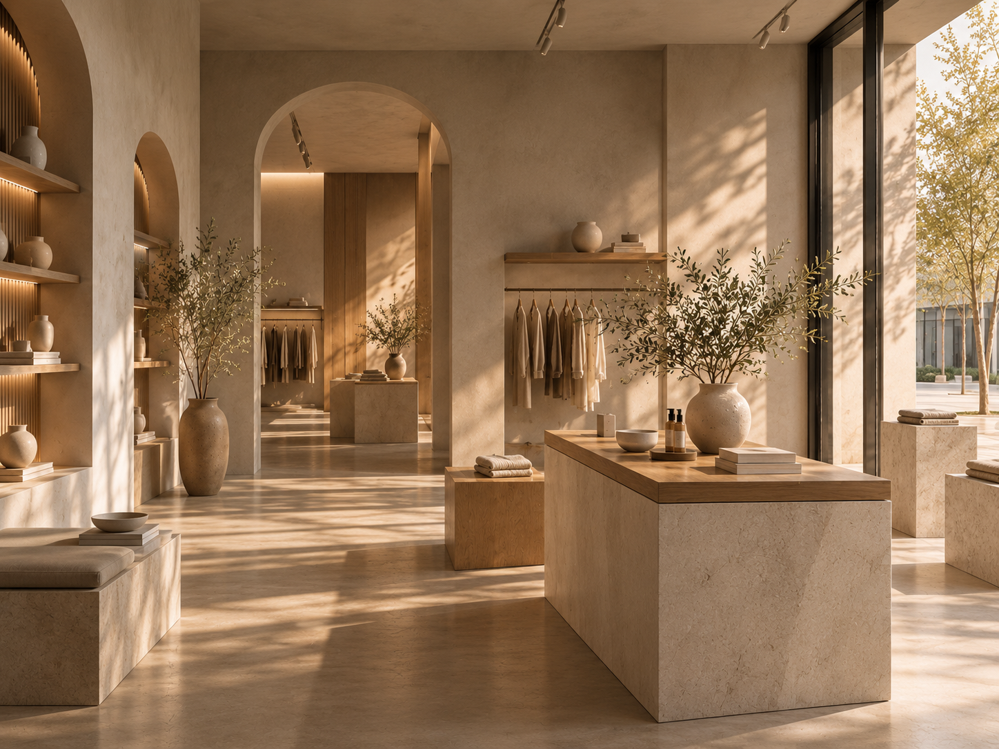 Ein elegantes Ladengeschäft mit minimalistischer Einrichtung aus beige- und Holztönen, mit Vasen, Büchern, Kleidung und großen Fenstern, die Tageslicht hereinlassen.
