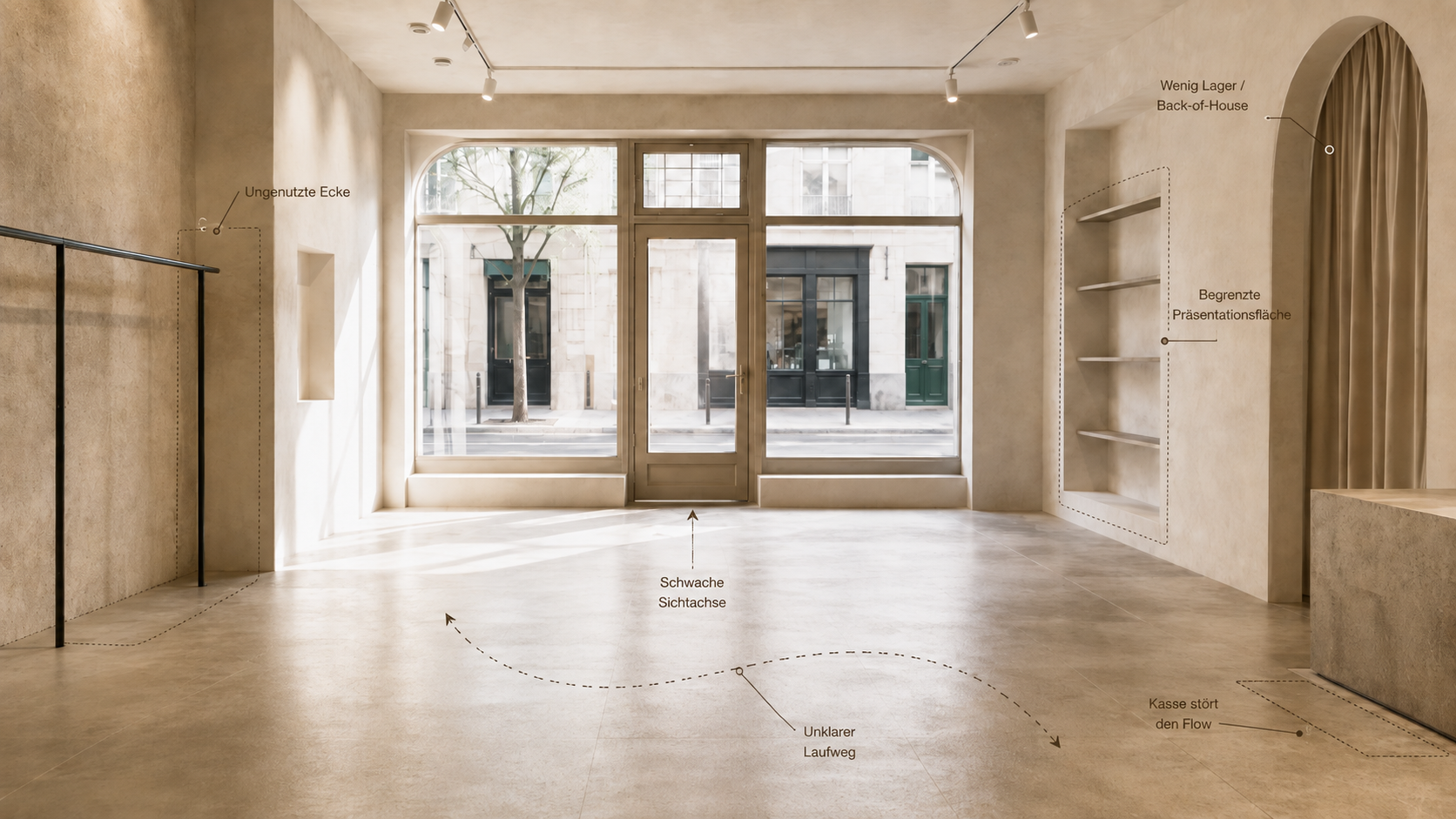 Analyse von Laufwegen, Sichtachsen und ungenutzten Flächen in einem Retail Space