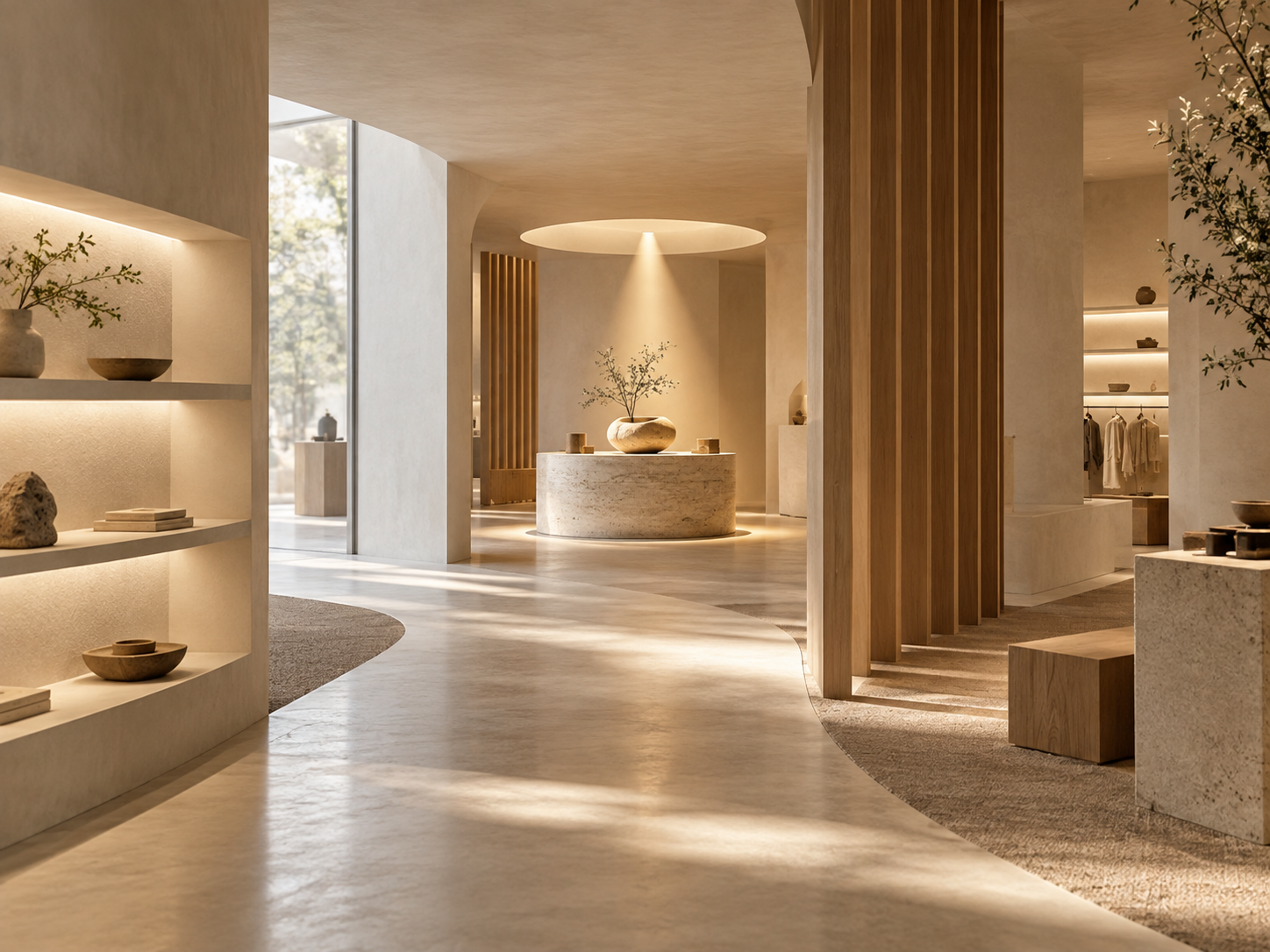 Innenraum eines modernen minimalistischen Ladens mit natürlichen Materialien und sanfter Beleuchtung, zentrale runde Stele mit Pflanze, Holzpanele und Regale mit Styling und Dekor