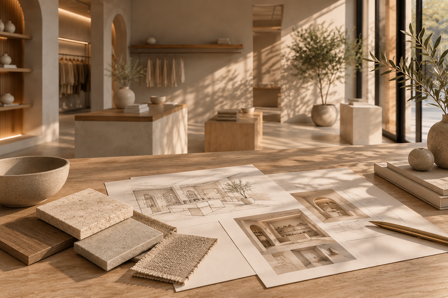 Innenraum eines Showrooms mit Holztischen, Pflanzen und Designplänen, bei Sonnenlicht