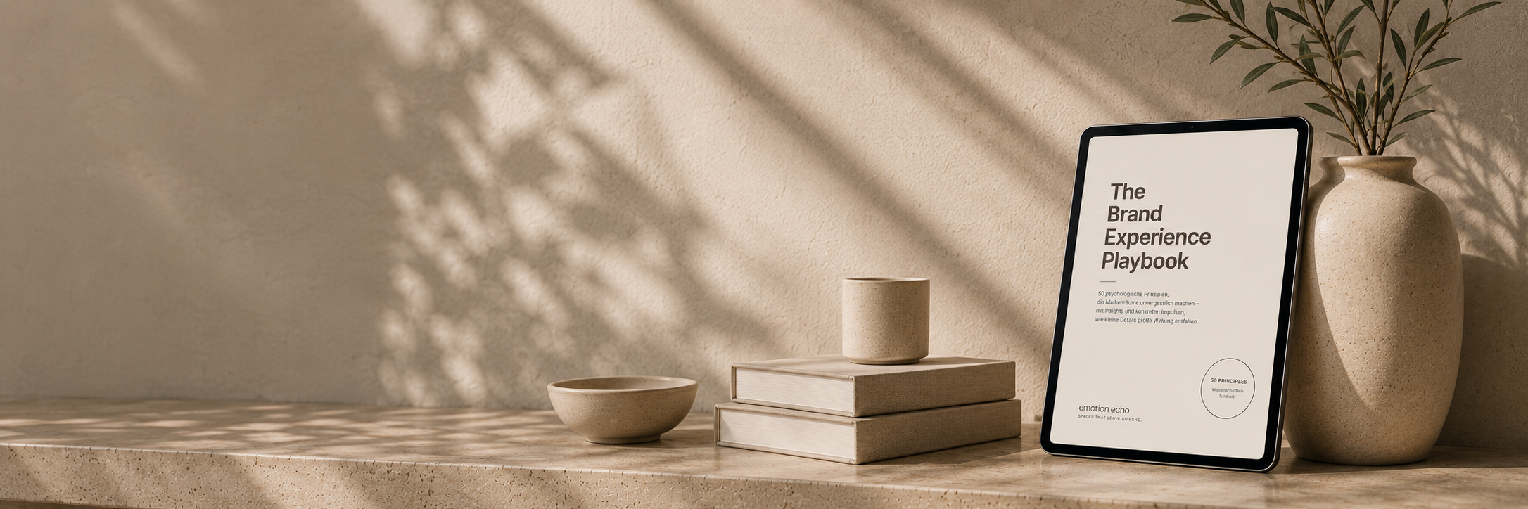 Ein Tablet, das das Cover eines Buches mit dem Titel "The Brand Experience Playbook" zeigt, auf einem beige Steintisch mit zwei ineinander geschachtelten Buchseiten, einer kleinen Schale, einem zylindrischen Gefäß und einer großen Vase mit Pflanze, alles in neutralen Tönen und natürlichem Licht mit Schattenmustern an der Wand.