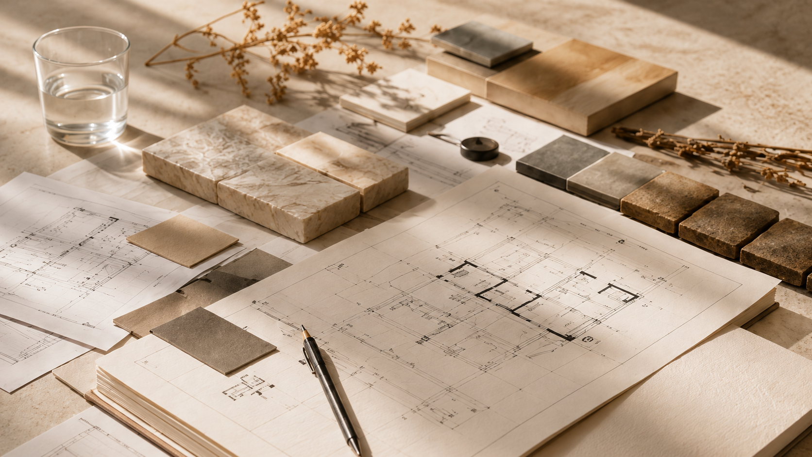 Materialauswahl aus Naturstein, Holz und Textil neben Grundrisszeichnung