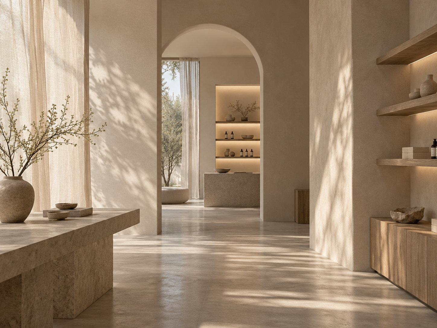 Innenraum mit minimalistischem Design, Sand- und Beigetönen, mit einem niedrigen Tisch, Vasen mit Zweigen, Regalen mit Keramik und kleinen Flaschen, Sonnenlicht und Schatten an den Wänden und Böden.