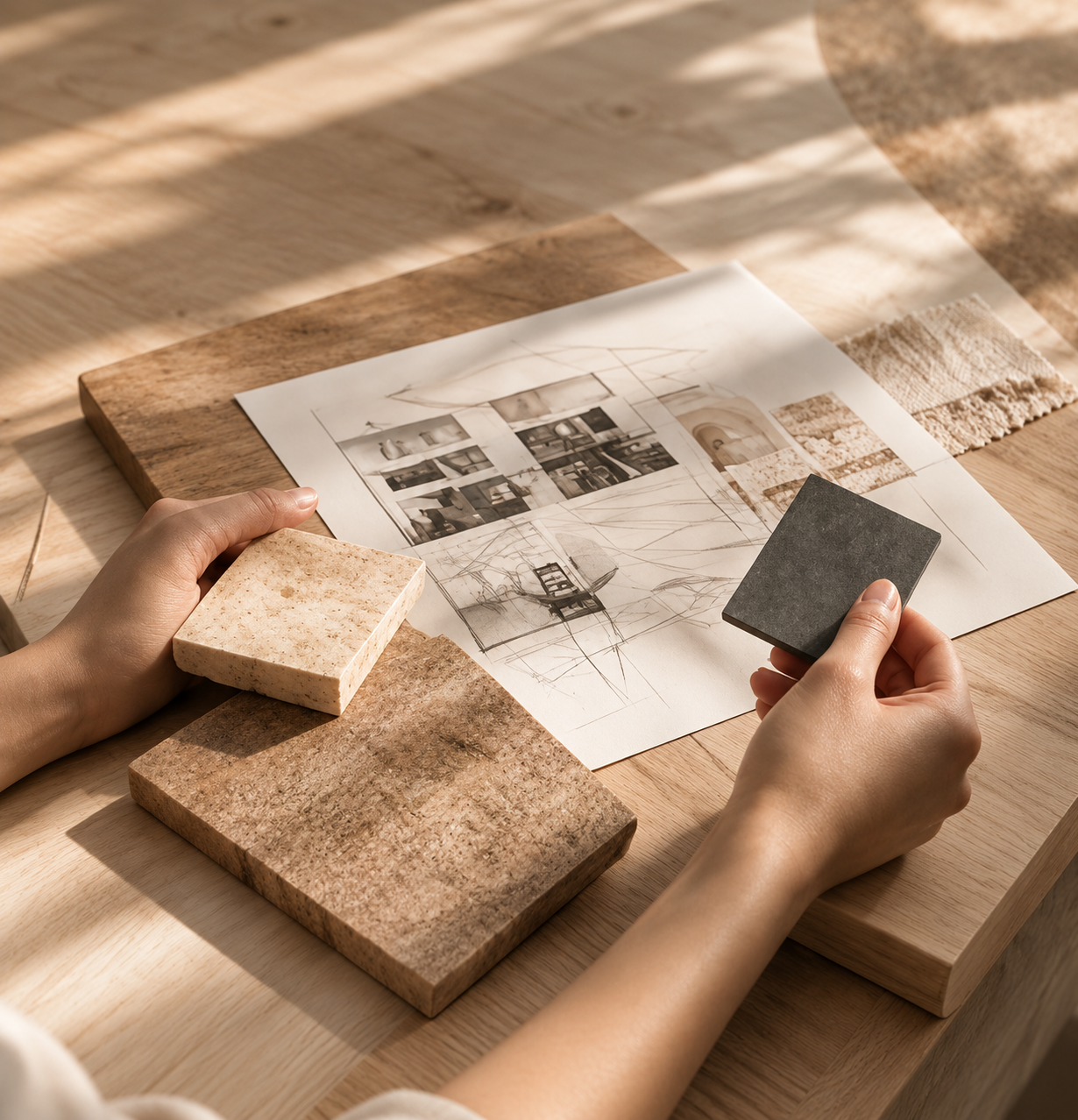 Person arbeitet an einem Möbel- oder Architekturdesign, untersucht Farb- und Materialproben, während Skizzen und Fotos im Entwurfsprozess auf einem Tisch liegen.