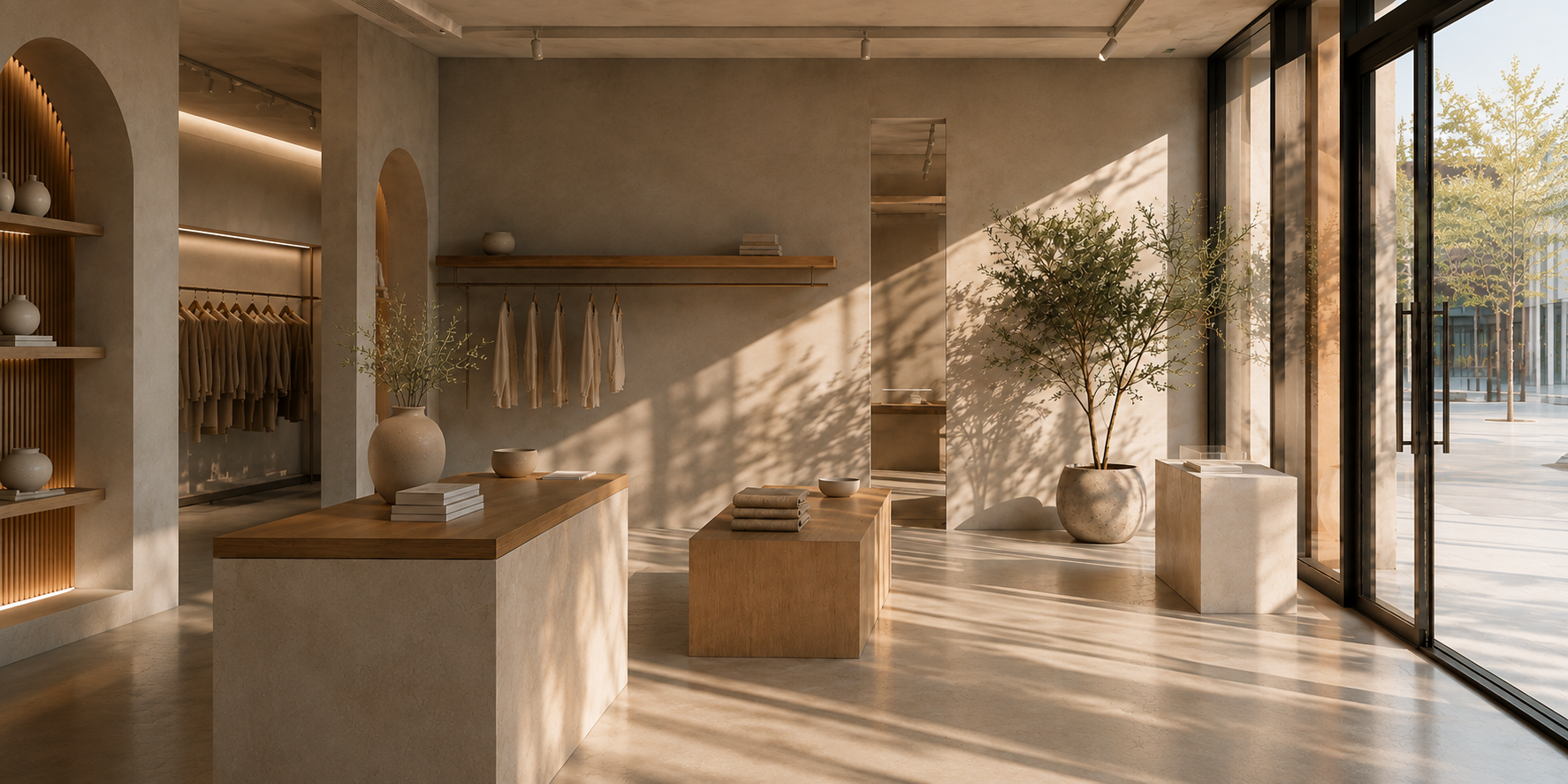 Innenraum eines minimalistischen Ladens mit großen Fenstern, Holzmöbeln, Pflanzen und Sonnenlicht.