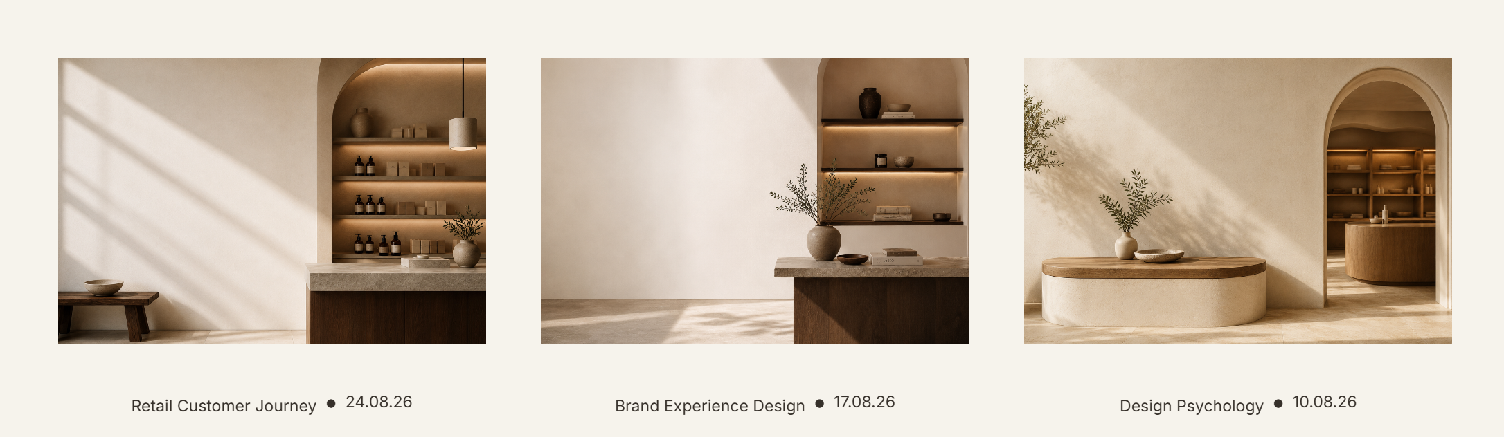 Drei minimalistische, beige und braune Inneneinrichtungsaufnahmen mit Sand und Naturmaterialien, modernen Regalen, Vasen und Dekorationsgegenständen.