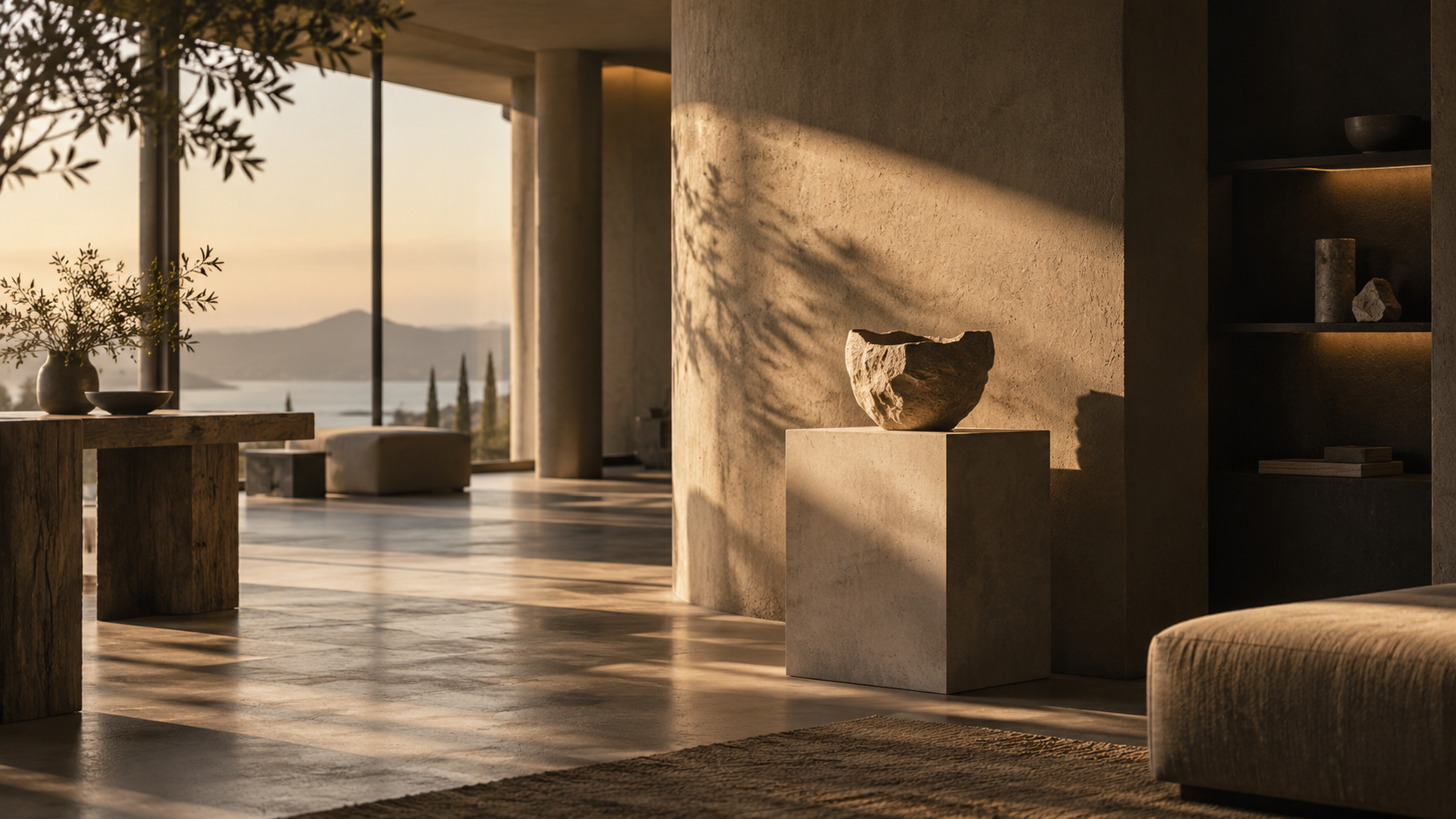Ein elegantes Wohnzimmer in warmem Licht mit großen Fenstern, die eine Aussicht auf Berge und Wasser bieten. Im Raum befinden sich moderne, minimalistische Möbel und Dekorationen aus Stein und Holz, darunter eine Skulptur auf einem Sockel und eine Vase mit Zweigen auf einem Tisch.