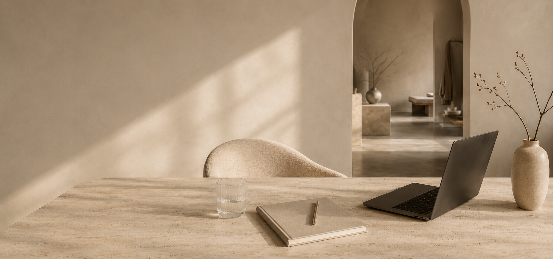 Ein minimalistischer Arbeitsplatz mit einem Laptop, einem Glas Wasser, einem Notizbuch mit Stift, einer Vase mit Zweigen und einem beigen Stuhl in einem hellen Raum.