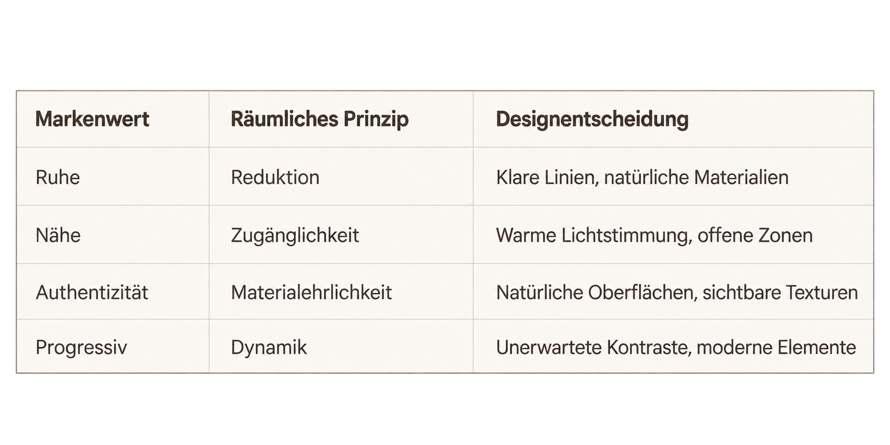 Tabelle mit vier Kategorien: Markenwert, Räumliches Prinzip, Designentscheidung. Kategorien lauten: Ruhe, Nähe, Authentizität, Progressiv. Unter Ruhe steht 'Reduktion' mit 'Klare Linien, natürliche Materialien'. Weiter steht bei Nähe 'Zugänglichkeit' mit 'Warme Lichtstimmung, offene Zonen'. Bei Authentizität 'Materiallehrlichkeit' mit 'Natürliche Oberflächen, sichtbare Texturen'. Und bei Progressiv 'Dynamik' mit 'Unerwartete Kontraste, moderne Elemente'.