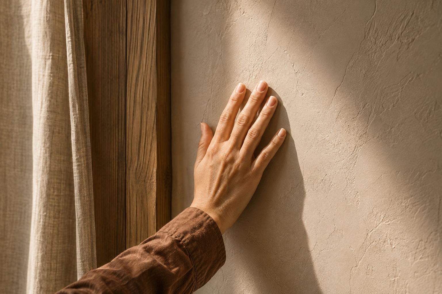 Eine Hand, die eine Wand berührt, neben einem Vorhang und einer Holzwand.