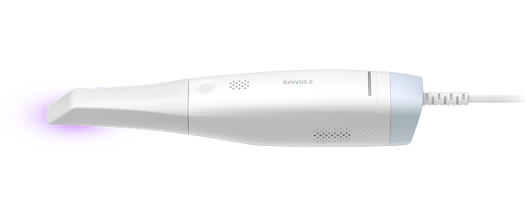 A medical device emitting purple laser light, labeled 'RAYOS 2'.