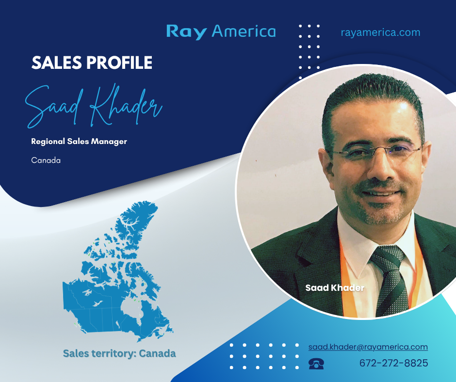 Business card for Saad Khader, Regional Sales Manager at Ray America, featuring his photo, contact information, and a map of Canada with sales territory specified.