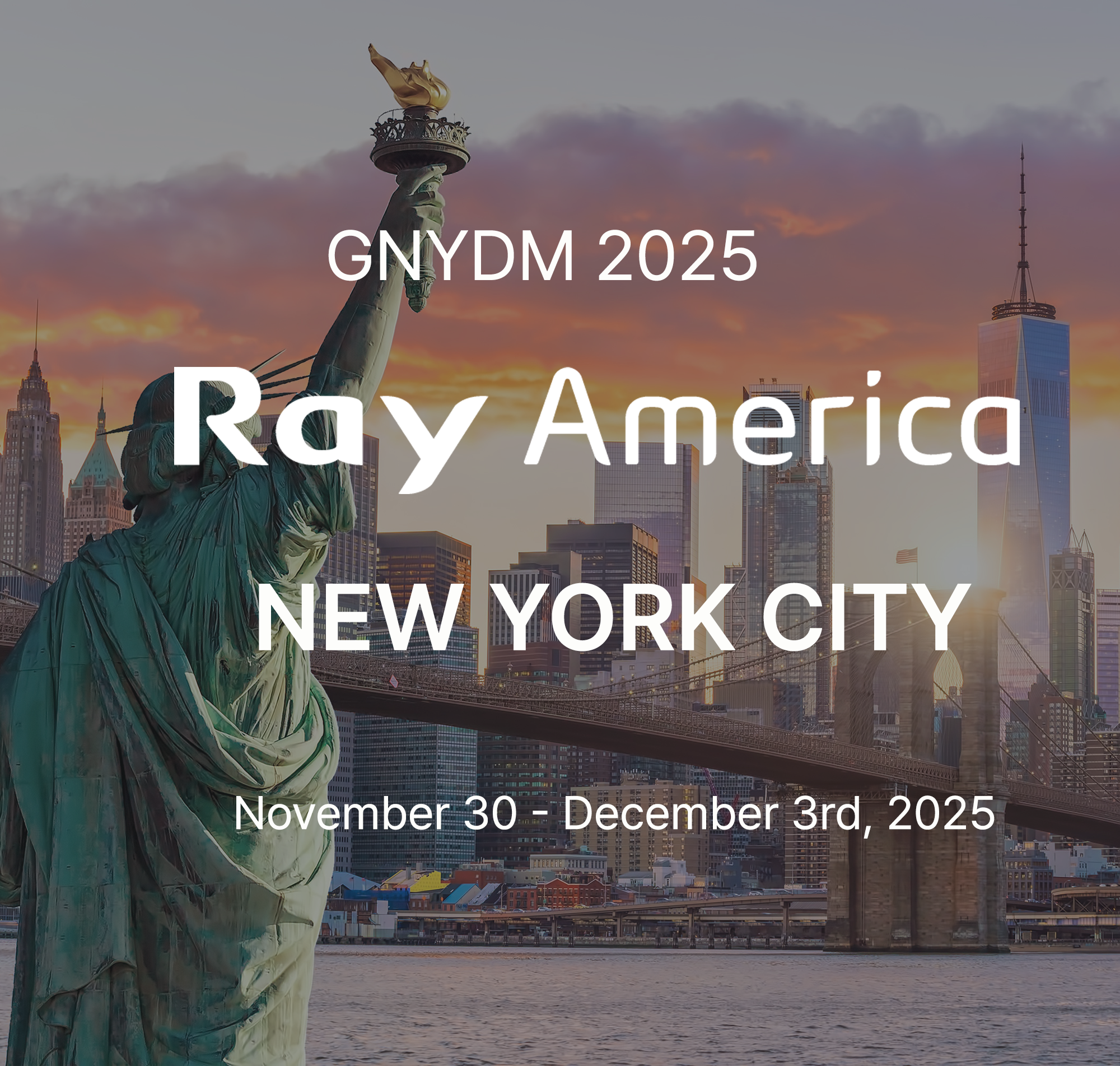 Image of the New York City skyline with the Statue of Liberty in the foreground during sunset, promoting GNYDM 2025 conference on November 30 to December 3, 2025.