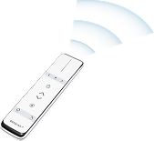 A sleek remote control placed on a futuristic, illuminated surface with neon blue and red accents.