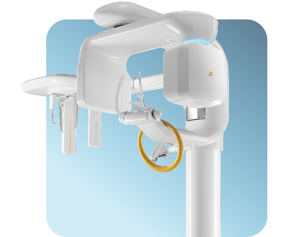 A modern dental X-ray machine with a white body and a robotic arm.