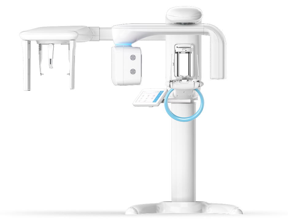 Medical imaging device, possibly a panoramic X-ray or dental imaging machine, with a mounted arm and control panel.