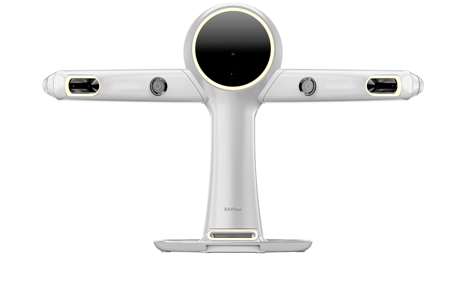 A white, futuristic-looking device with a central round black face and two horizontal arms extending outward on each side, featuring opening vents and cameras, labeled 'RAYFace' on the base.