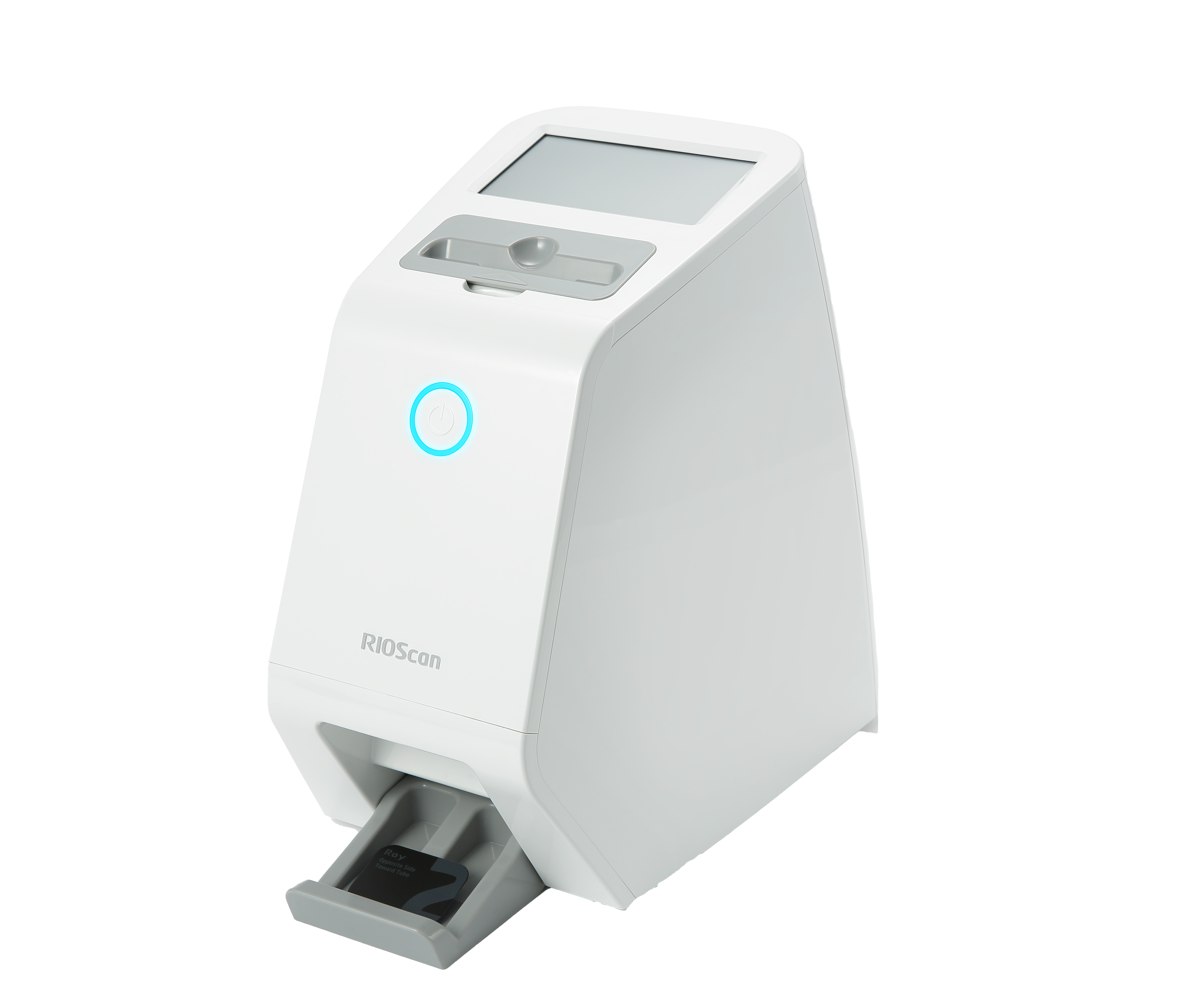 Medical device, RIOscan for scanning RFID tags, with a touchscreen and a scanning area at the bottom containing a RFID card.
