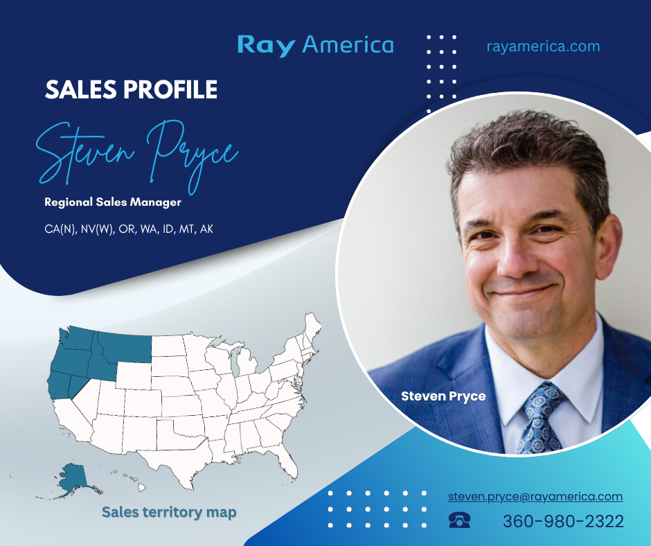 A sales profile card for Steven Pryce, Regional Sales Manager at Ray America. The card features his name, title, and contact information, along with a map highlighting sales territories in CA, NV, OR, WA, ID, MT, and AK. It also includes a professional headshot of Steven Pryce, the Ray America logo, and their website URL.