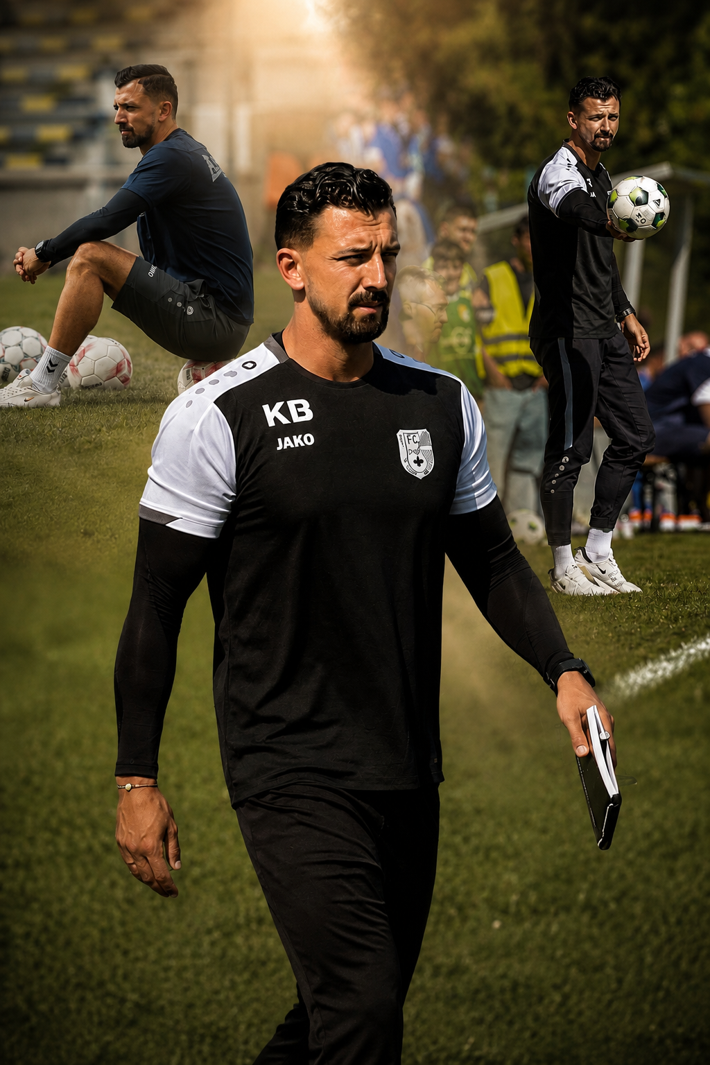 Trainingsszene auf dem Fußballplatz mit drei Männern, einer im Vordergrund mit schwarzen und weißen Trikot, zwei im Hintergrund mit dunklen Trainingskleidung, einer mit Fußball in der Hand und der andere sitzend auf einem Ball, im Freien bei sonnigem Wetter.