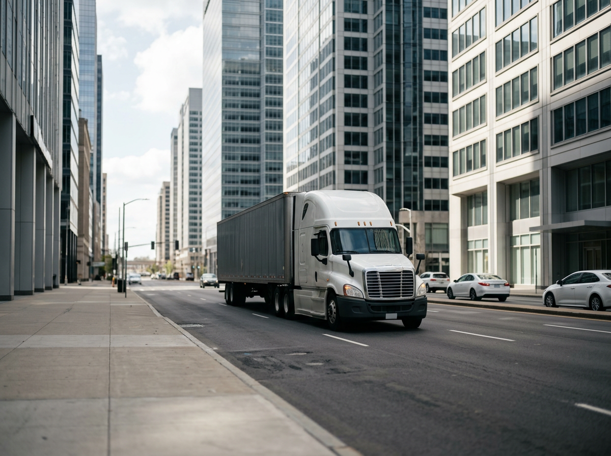 A white semi-truck driving down a city street surrounded by tall office buildings with glass windows.