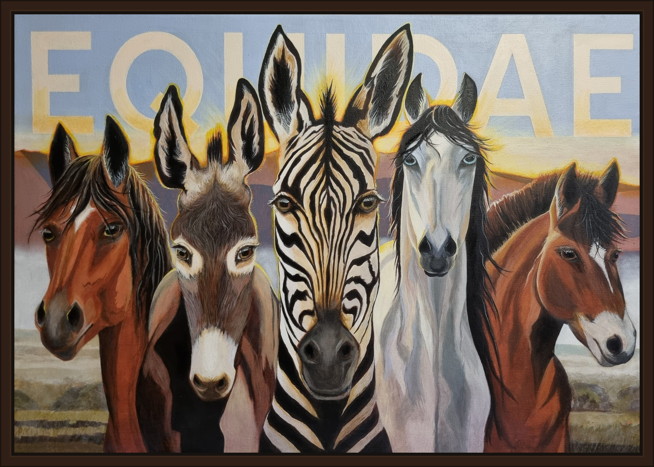 A painting of five different animals, including two horses, a zebra, a donkey, a wild horse, standing in front of a sunset with the word 'EQUIDAE' in the background.