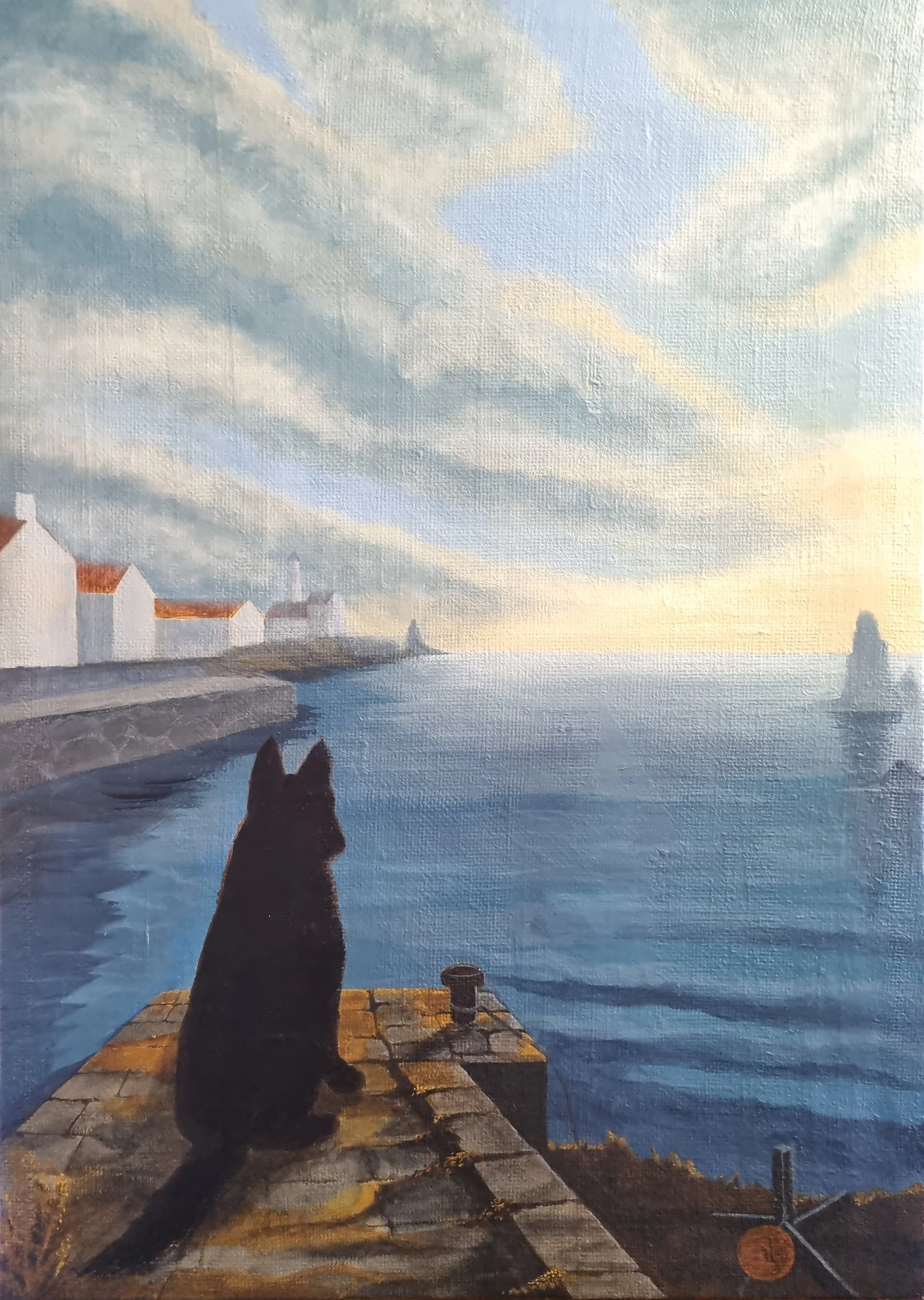 A painting of a dog sitting on a stone pier overlooking a body of water, with houses and a cloudy sky in the background, during sunrise.