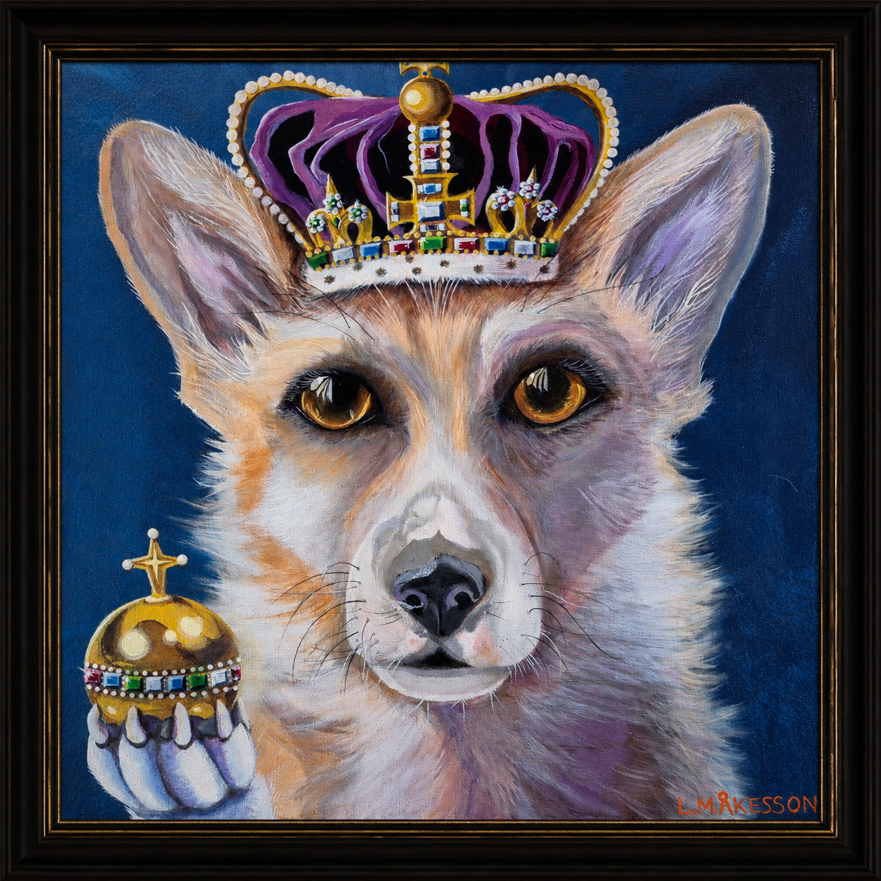 A realistic painting of a dog wearing a royal crown, holding a royal orb, with a dark blue background.