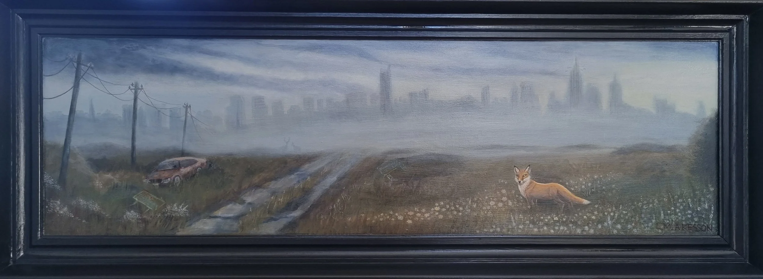Painting depicting a foggy, deserted landscape with a city skyline in the background, power poles and a dirt road in the foreground, a abandoned car on the left, and a fox on the right.