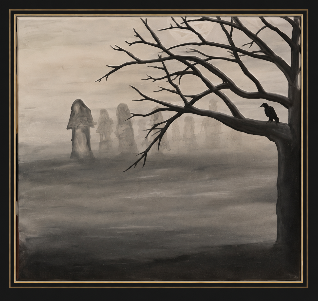 A black and white painting of a barren tree with a bird on a branch, foggy background featuring ghostly figures, creating a mysterious and somber atmosphere.