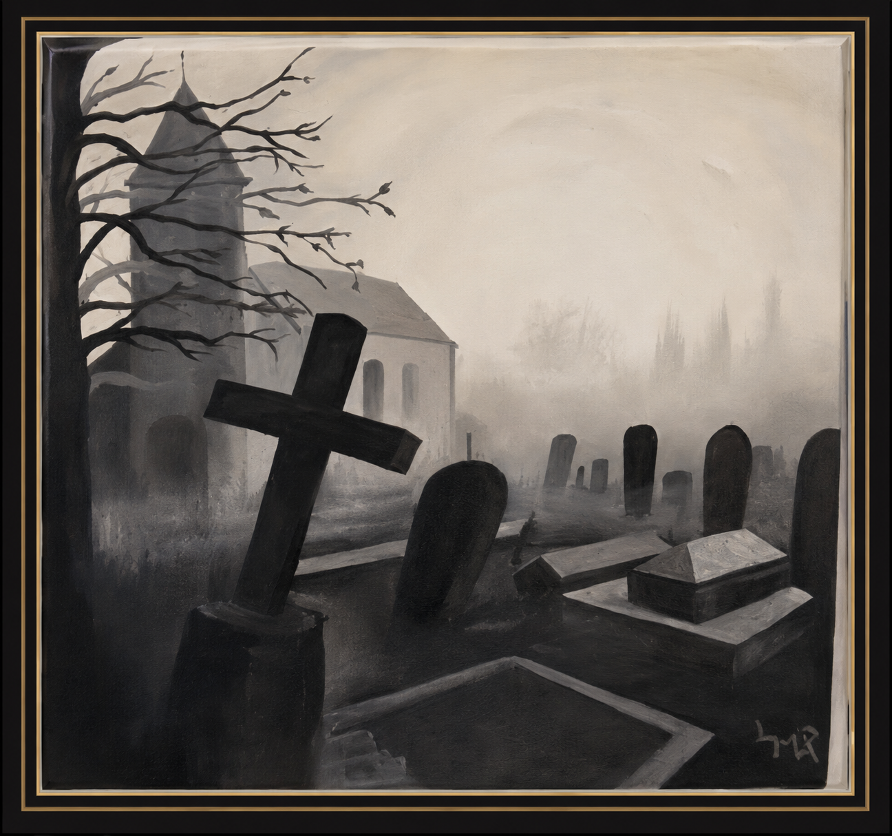 Black and white painting of a graveyard with a large wooden cross in the foreground, tombstones scattered around, a leafless tree, and a distant church with a steeple in the foggy background.