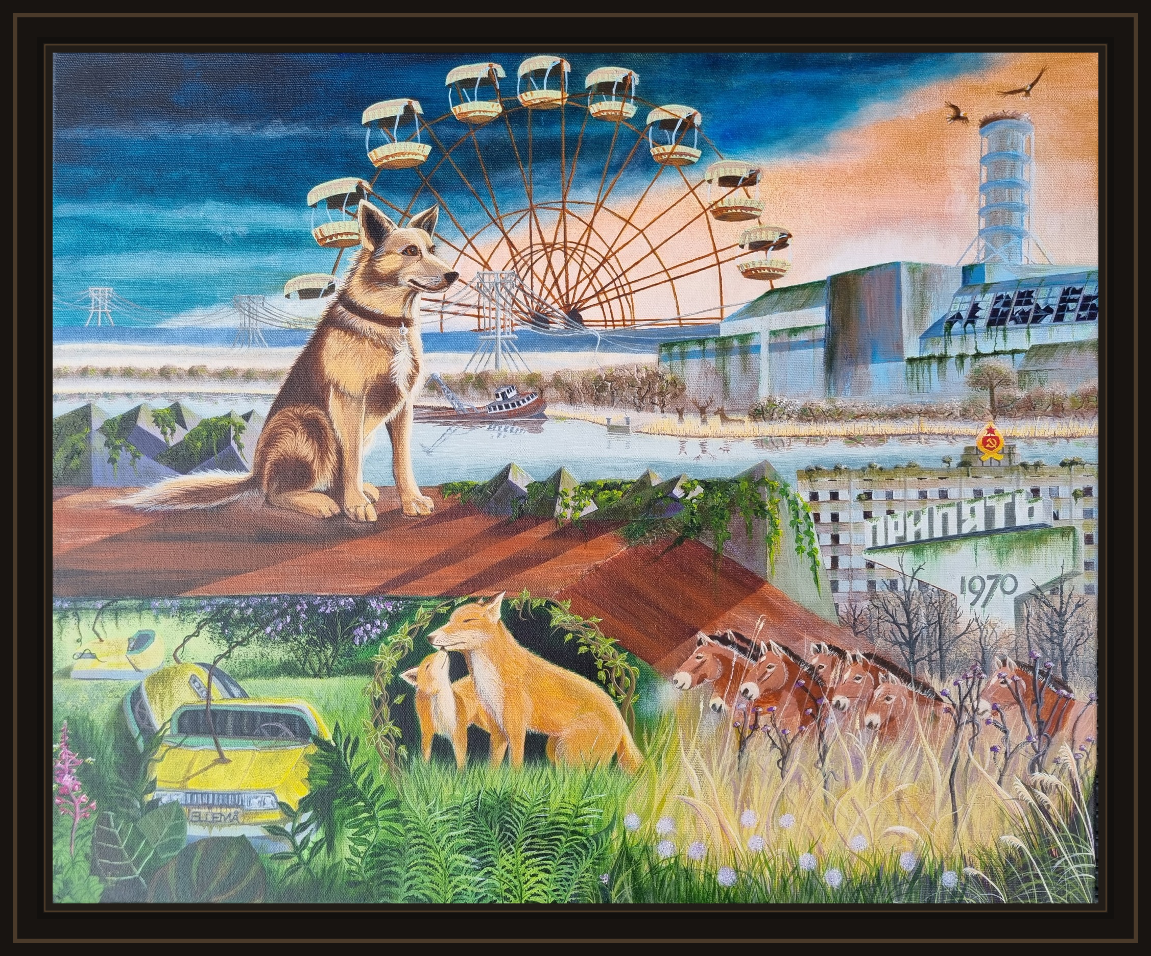 A colorful painting depicting a dog in the foreground with other animals, including foxes, and horses, set against a background of an abandoned amusement park with a Ferris wheel and lush greenery. River and abandoned power plant in background