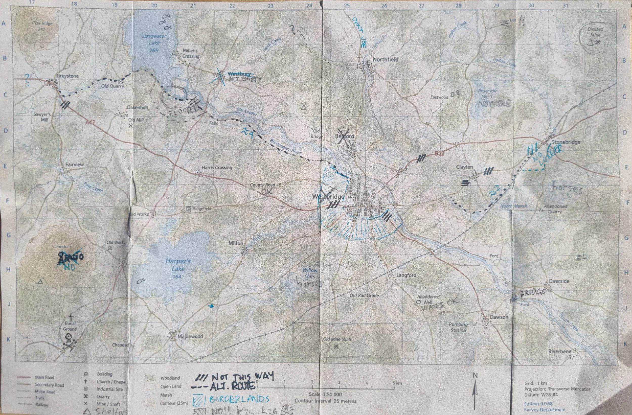 A detailed topographic map with handwritten annotations in blue and black ink, including route markings, labels of locations, and symbols for various landmarks. The map appears to depict a region with lakes, roads, and other geographic features, marked with comments such as "NOT THIS WAY," "ALT. ROUTE," and "BORDERLANDS."