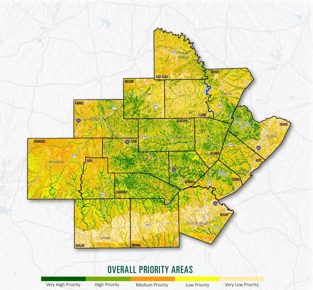 map of conservation priority areas in hill country texas