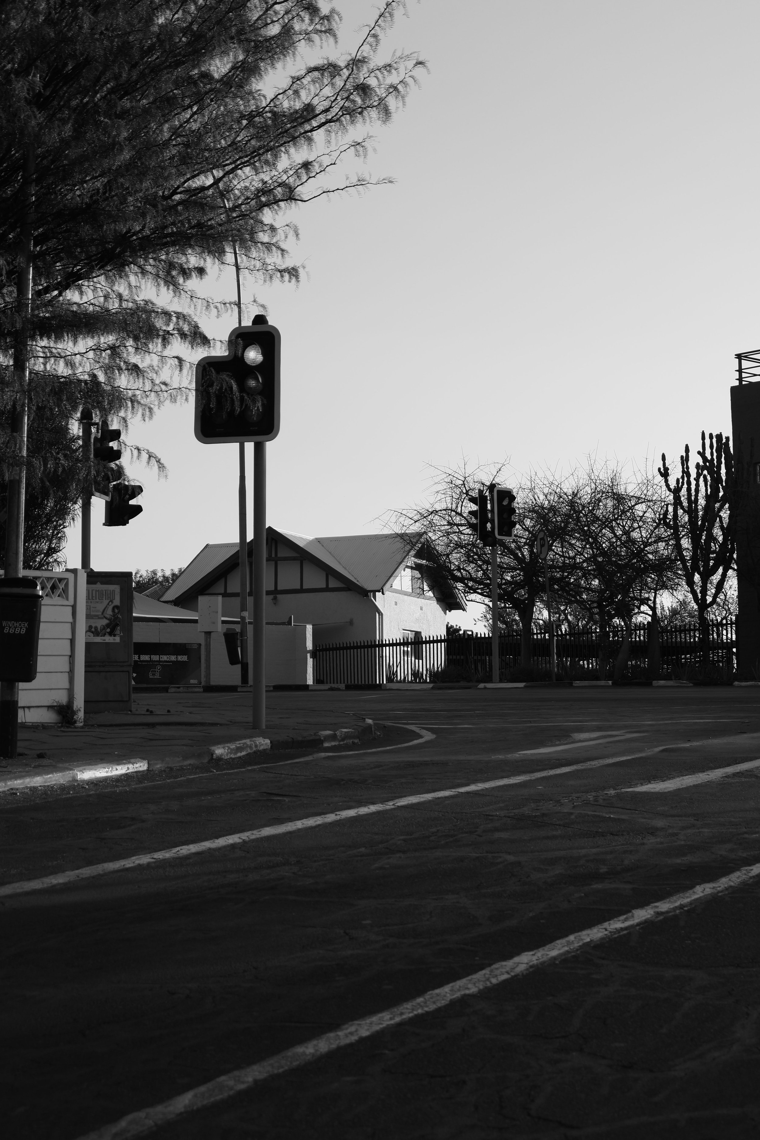Black and white photograph of a road in Namibia