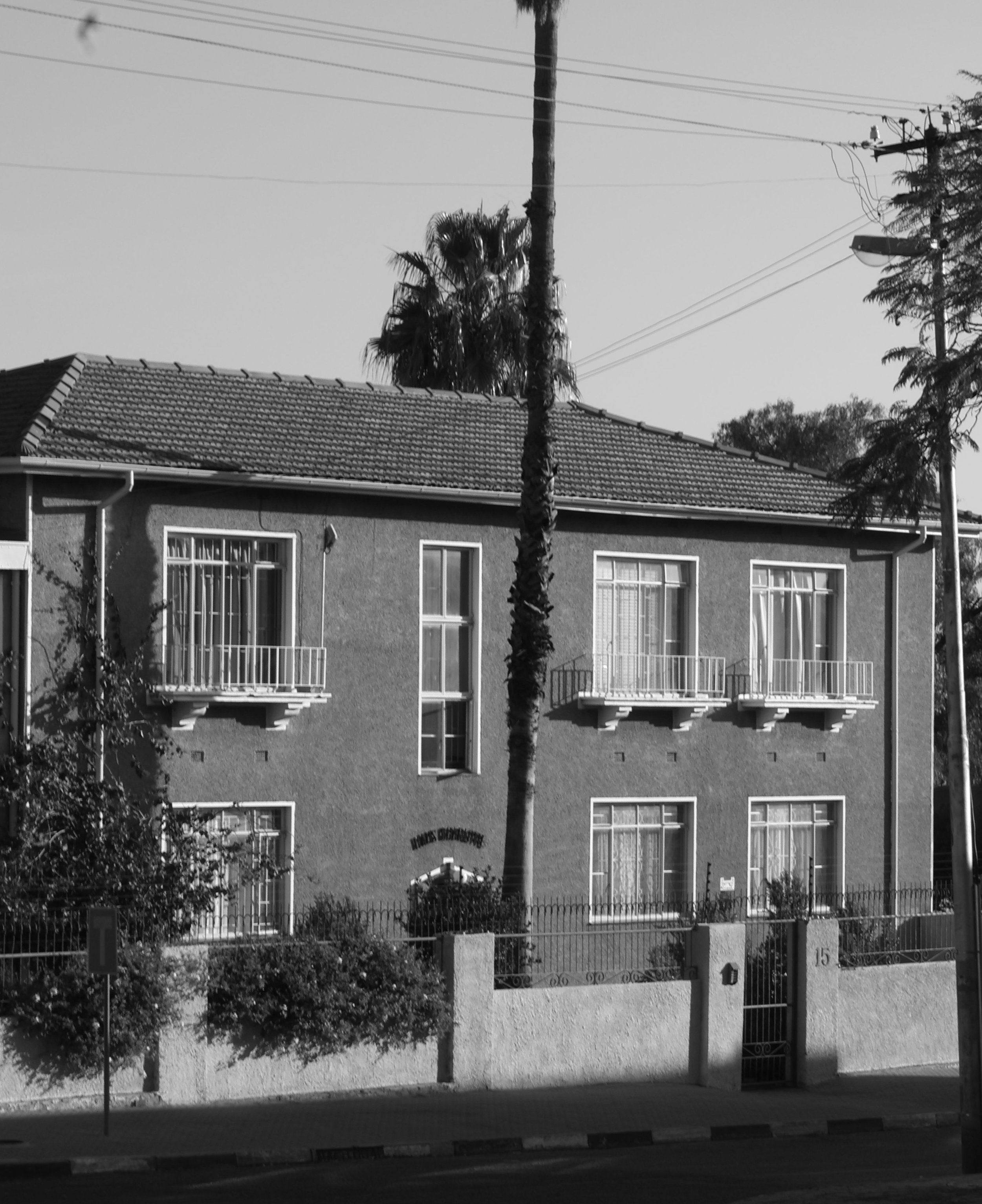 Black and white photograph of a building in Windhoek, Namibia
