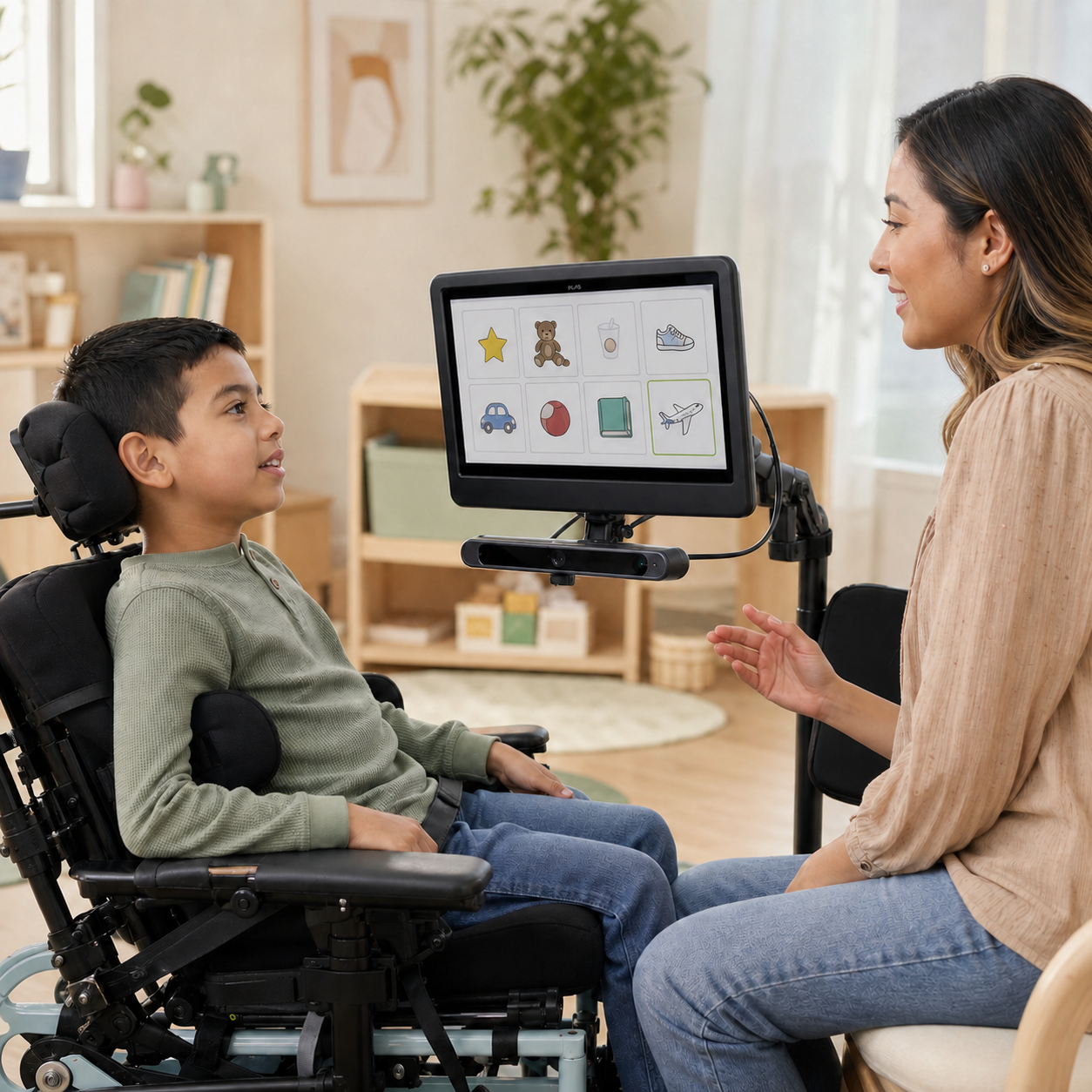 Child using an eye-gaze AAC device with support from a speech-language pathologist.