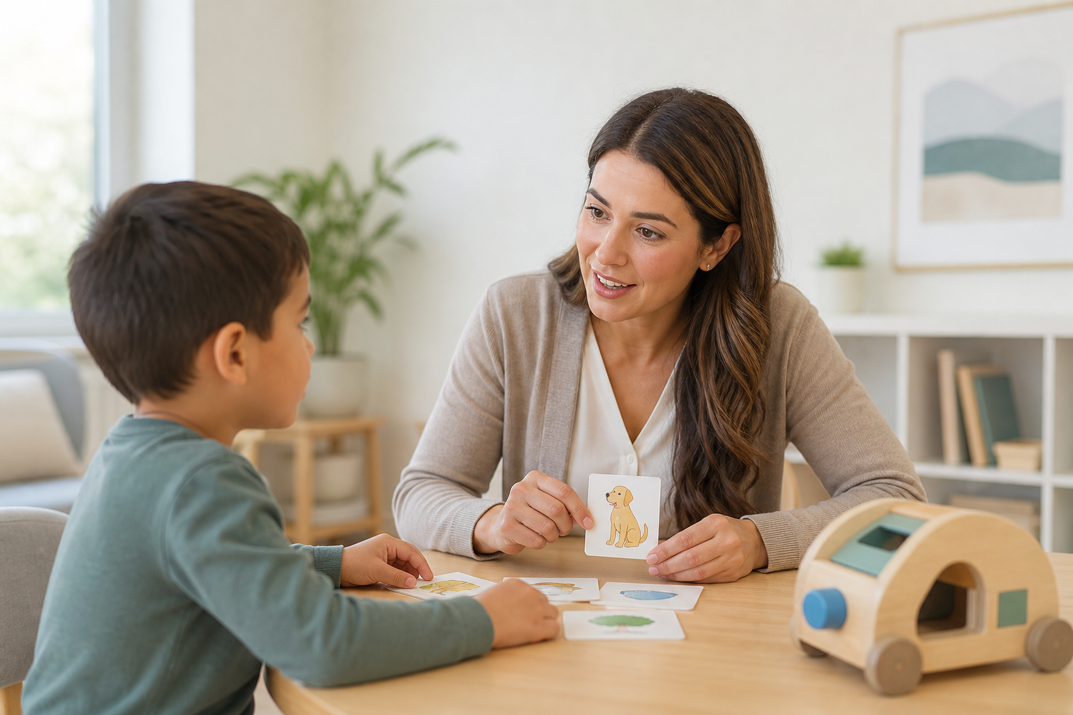 Speech-language pathologist engaging a child in a picture-card activity during a therapy session.