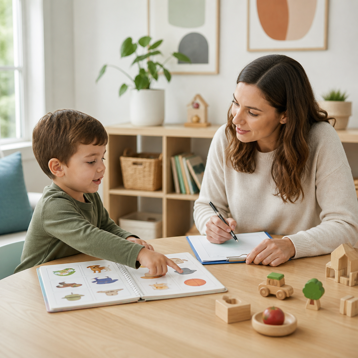 Speech-language pathologist conducting a picture-based communication evaluation with a child.