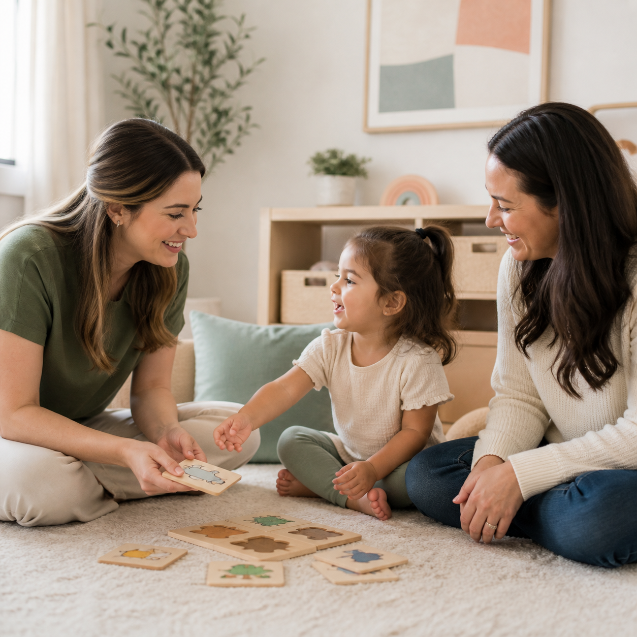 Speech-language pathologist working with a child and parent during a play-based therapy session.