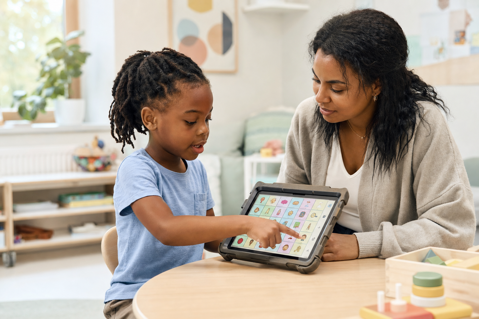 A child using a tablet-based AAC device with a speech-language pathologist during therapy.