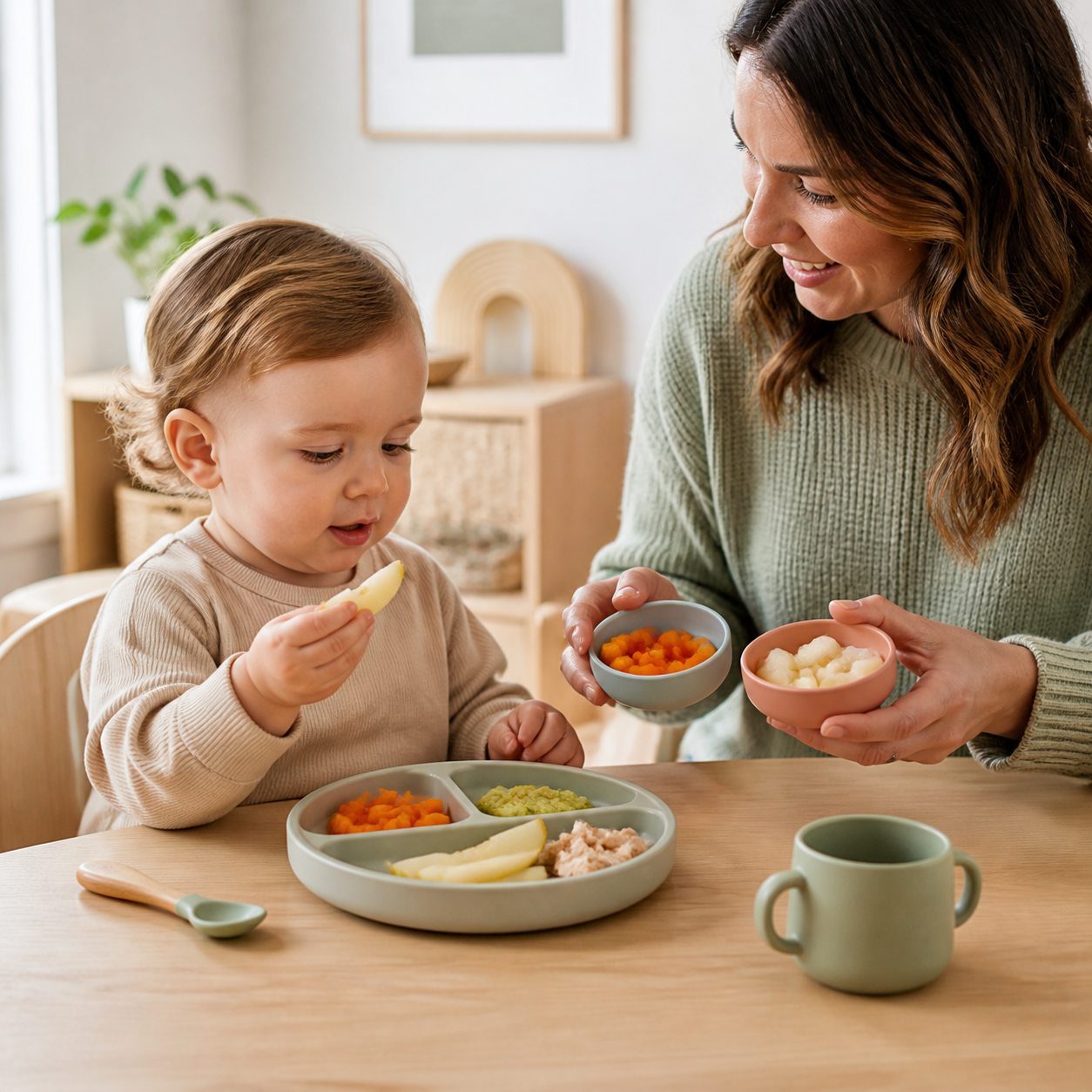 Toddler exploring a variety of foods with support from a pediatric feeding therapist.
